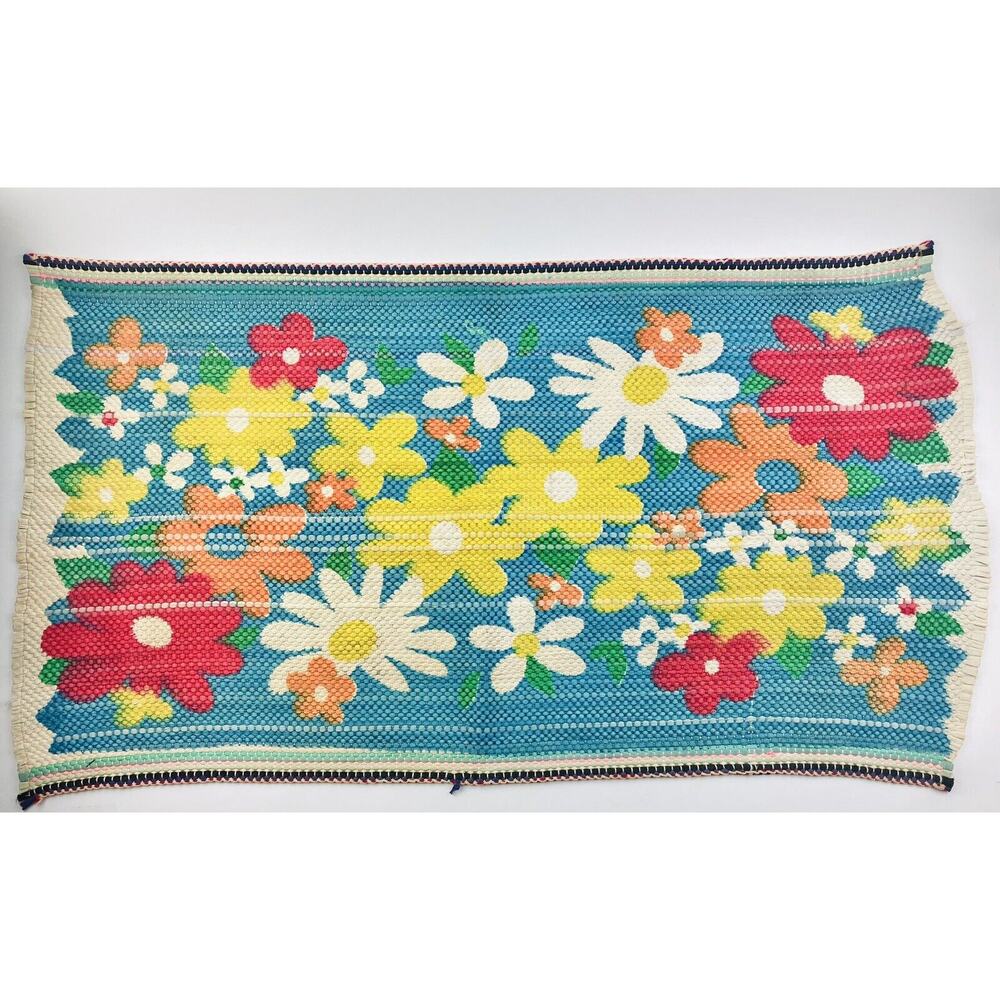 Vintage 70's Flower Power Groovy Rag Throw Rug 44"x24" Granny Core Wall Art Blue